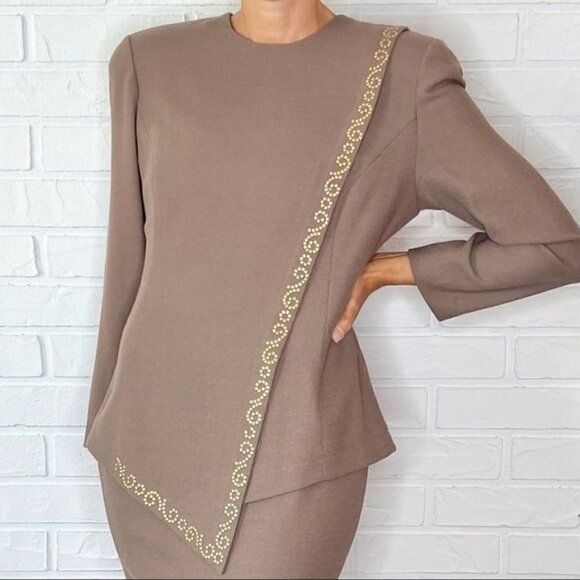 VINTAGE 100% wool taupe brown tailored wool long sleeve dress 8 - Picture 2 of 12